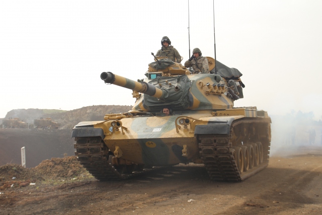 A Turkish Army Force tank is forwarding march in operation olive branch.